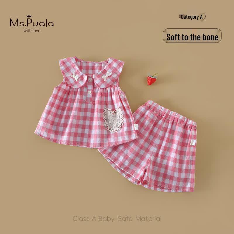 MS.PUALA Baby Girl Summer Plaid Sleeveless Shorts Set 73 CM