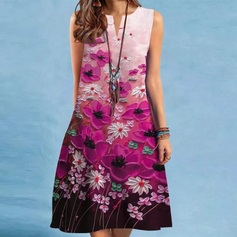 

Летнее женское платье-жилет Винтажное с цветочным 3D-принтом V-образный вырез Без рукавов Мини-платье Повседневное Свободное А-силуэта Большого размера Женское летнее платье 5XL