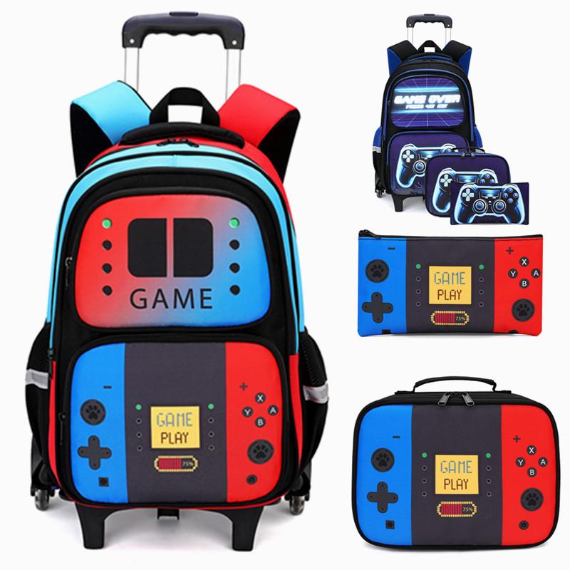 2025 Upgraded Kids Rolling Backpack with Game Console School Bag for Students Lightweight Blue