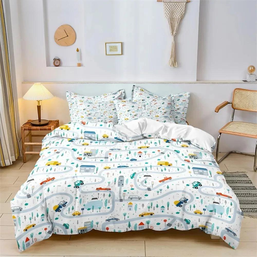 Cute Cartoon Boys Bedding Set Car Track Pattern Duvet Cover Set Children Bed Cover Comforter Cover Full King Pillow Case