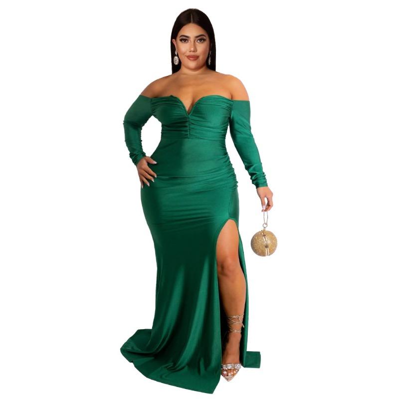 

Plus Size Emerald Green Off Shoulder Long Sleeve Ruched Split Thigh Mermaid Maxi Dress L зелений