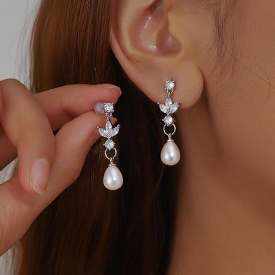 Luxurious European & American Long Pearl Drop Earrings with Zircon