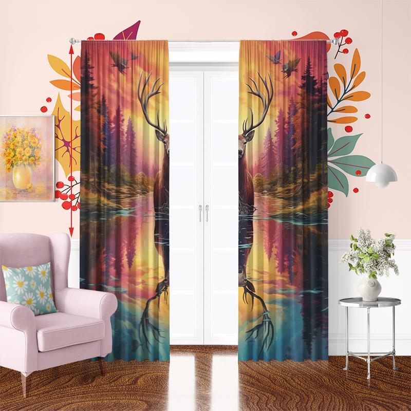 Elch bei Sonnenuntergang - 2 Stück - Bedruckter Vorhang, 100% Polyester, perfekt für Heimdekoration