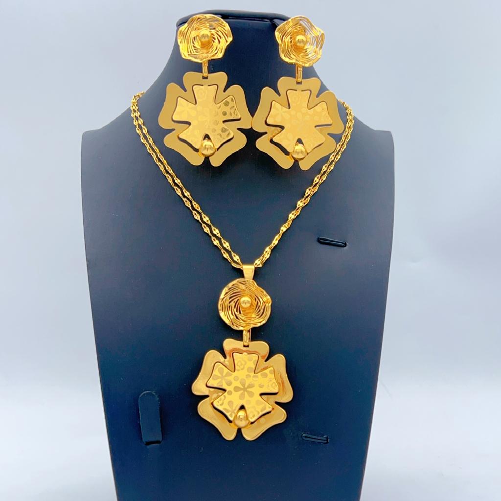Dubai Copper Alloy Set Niche Women's 24K Pentagram Pendant Necklace Earrings Wedding Party African Jewelry