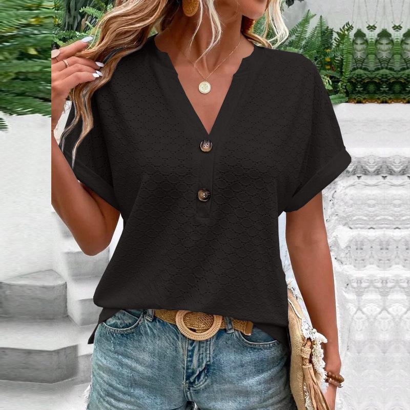 Spring/Summer 2025 Women's Casual V-Neck Button T-Shirt - Solid Color Fashion