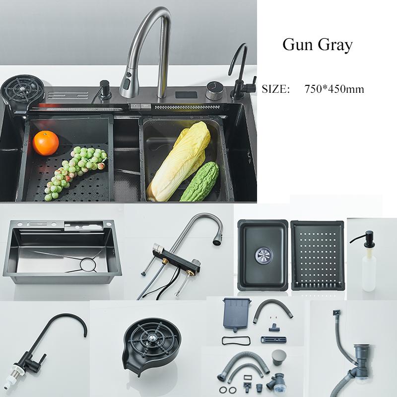 Golden Stainless Steel Kitchen Sink Double Waterfall Digital Display Sink Embossed Large Single Slot Multi-functional Wash Basin