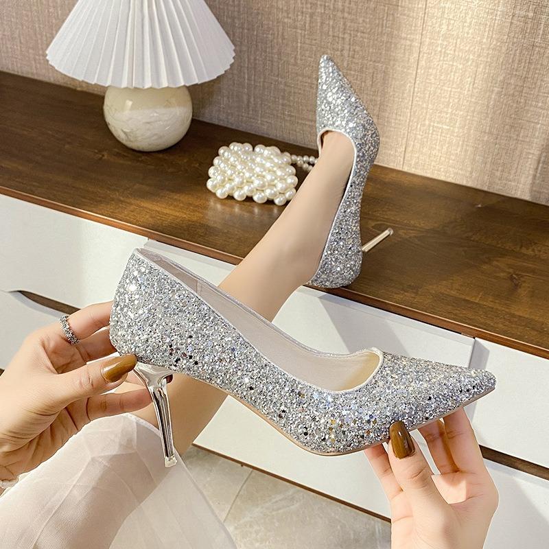 Pointed head shallow mouth high heels women's new sequined stiletto wedding shoes exquisite crystal silver large size 41