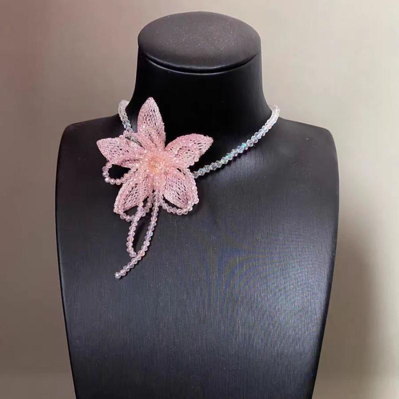 Dainty Pink Crystal Flower Necklace Elegant Handmade Beaded Chain Choker Necklace Wedding Jewelry Women Flower Sweater Chain A