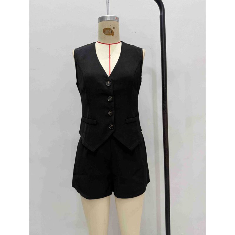 Western Style New Fashion Casual Loose V-neck Button Vest Shorts Set Vest and Shorts Set