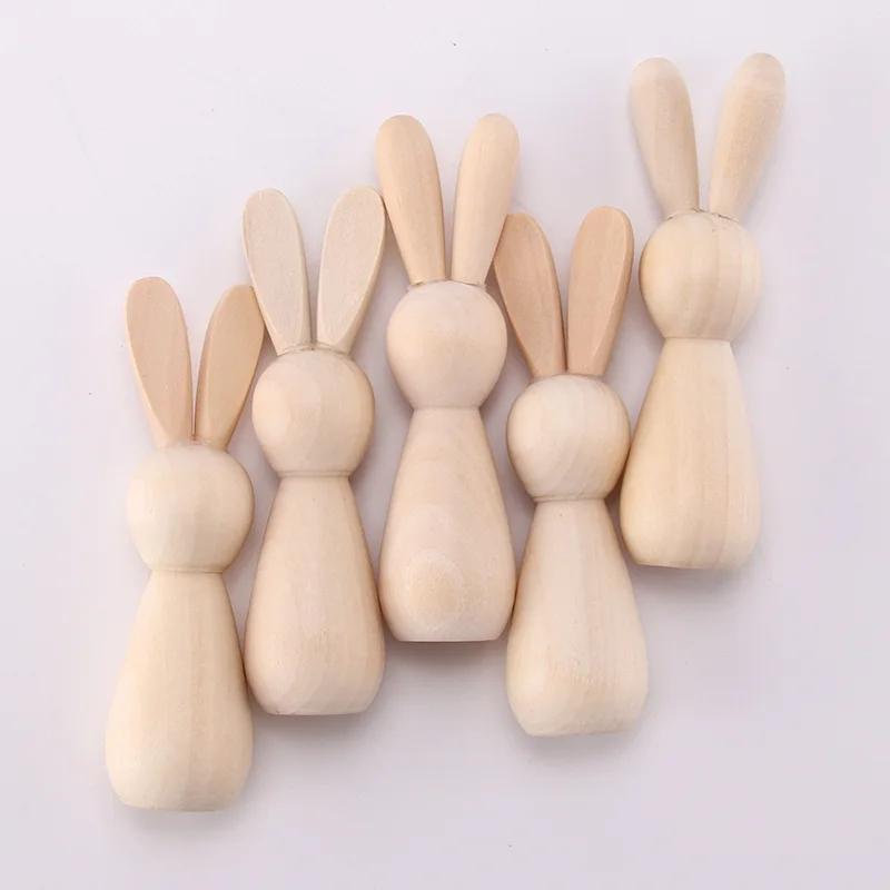 10pcs Easter Wooden Painted Rabbit, Creative Graffiti Wooden Figure, Wooden Tulip Rabbit Ornament.