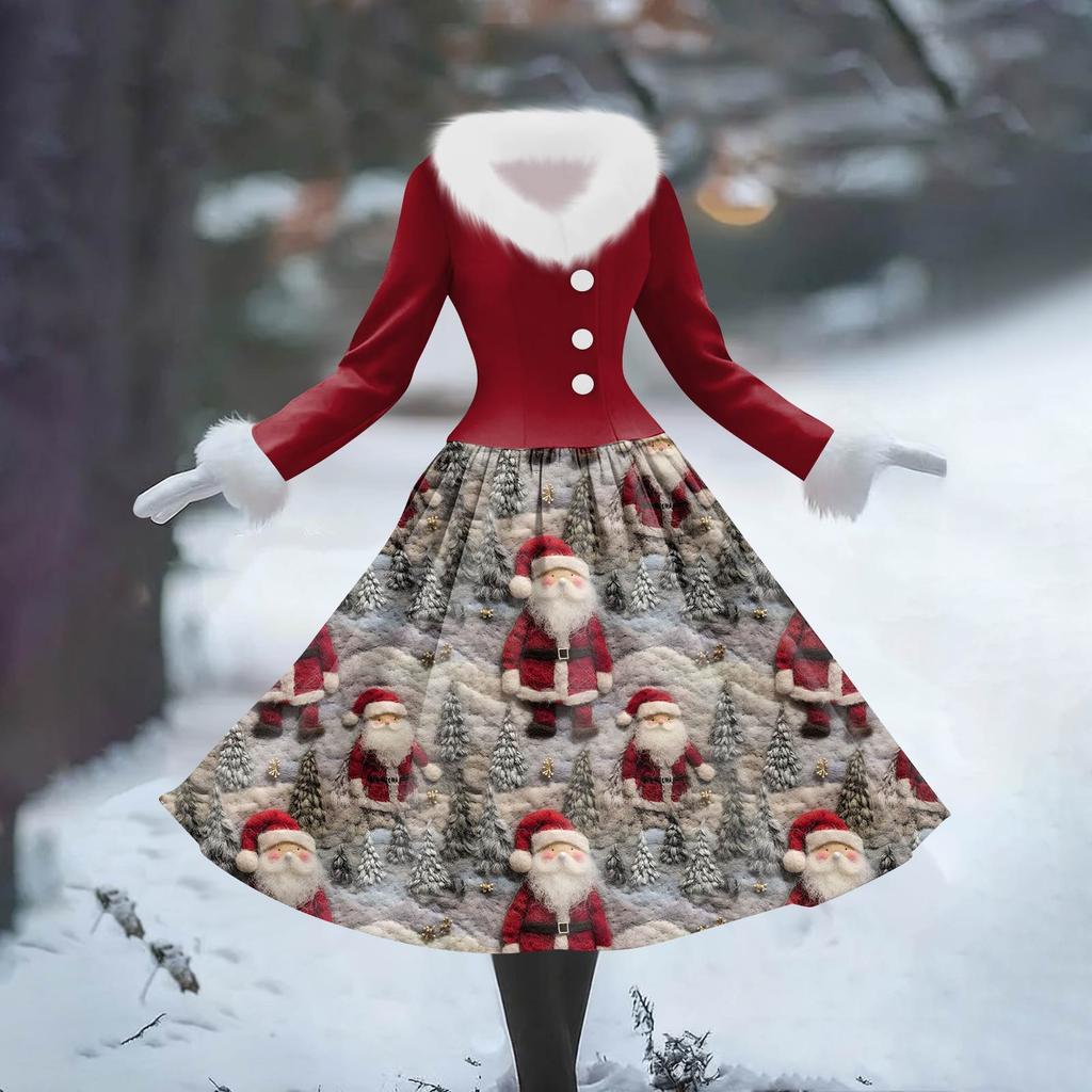Women's Casual Dress Long-Sleeve V-Neck Patchwork Fleece Christmas Print Dress