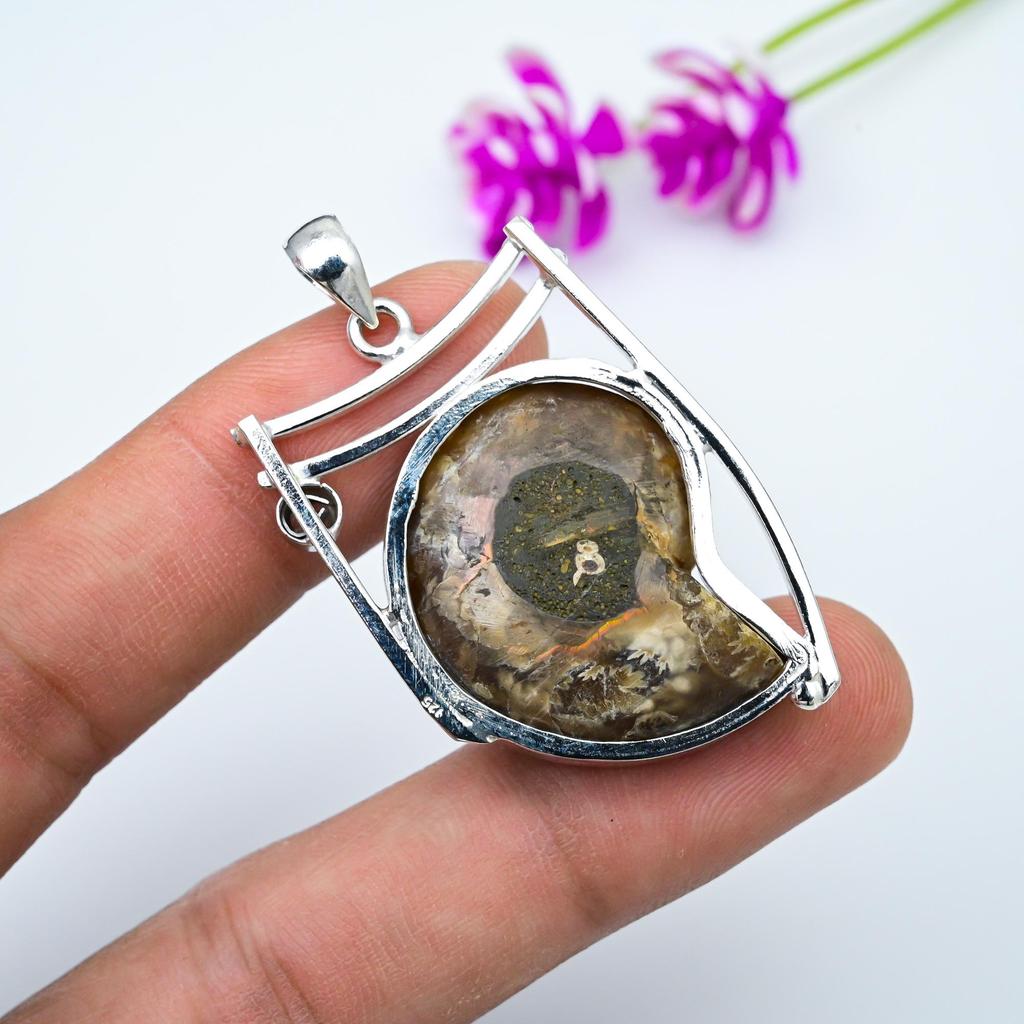 Ammonite Fossil, White Topaz 925 Solid Sterling Silver Pendant, Handmade Gemstone Jewelry Pendant For Memorial Day
