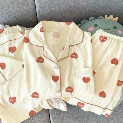 Wrinkled Cloth Short-Sleeved Pajamas Women'S Summer Sweet Letter Love Loungewear Three-Piece Set Can Be Worn Outside