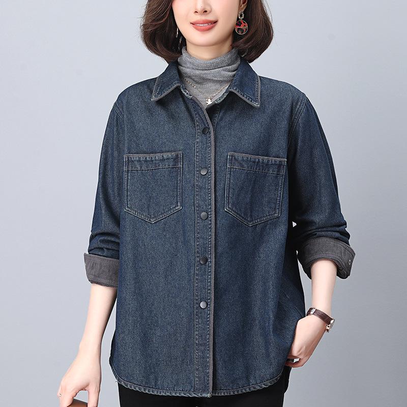 

2024 Autumn/Winter Women s Casual Fleece-Lined Denim Jacket: Warm, Loose Fit for Mid-Aged Moms XL (Recommended 130-145 jin) джинсовий синього кольору