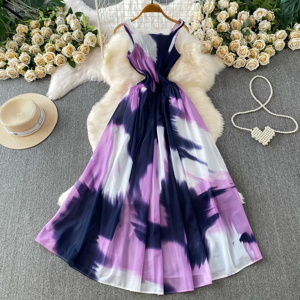Charming and Elegant Vacation-Style Square-Neck Spaghetti-Strap Dress for Women Summer Dopamine Print A-Line Maxi Dress