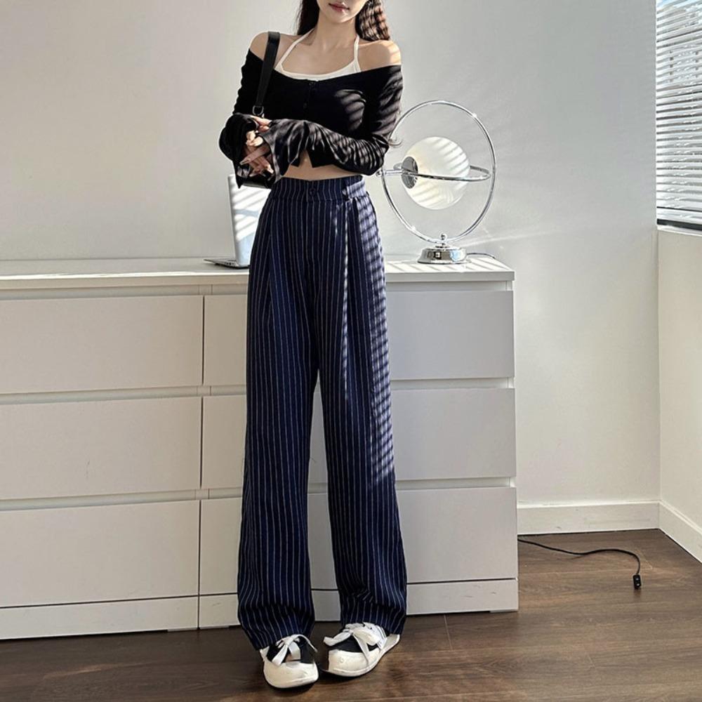 

Loose Stripe Straight Leg Pants Workout Trousers Striped Suit Pants Casual Pants Women Streetwear L темно-синий