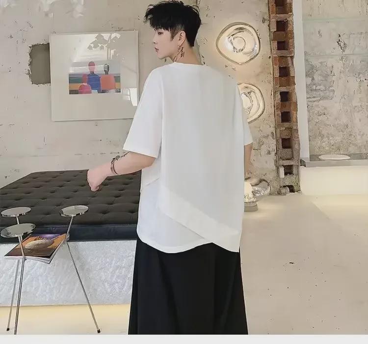 Pánské asymetrické tmavé niche holičské tričko Yamamoto Yohji, velká velikost, krátký rukáv