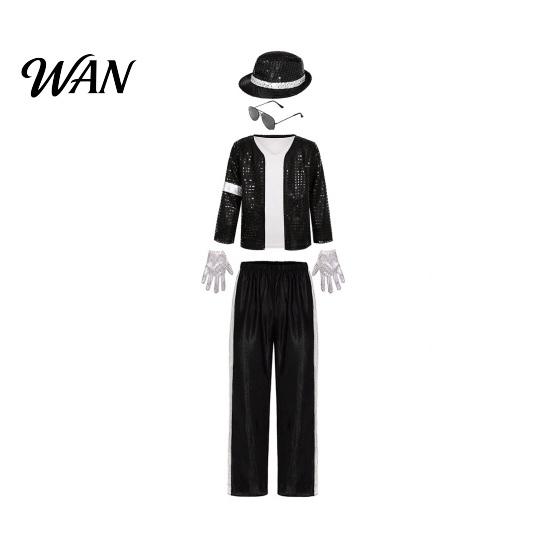 Children Stage Outfit Kids 80s 90s Performance Costume, Black Sequin Jacket, Top, Trousers, Hat, Metallic Striped Trousers Child Glasses, Gloves,