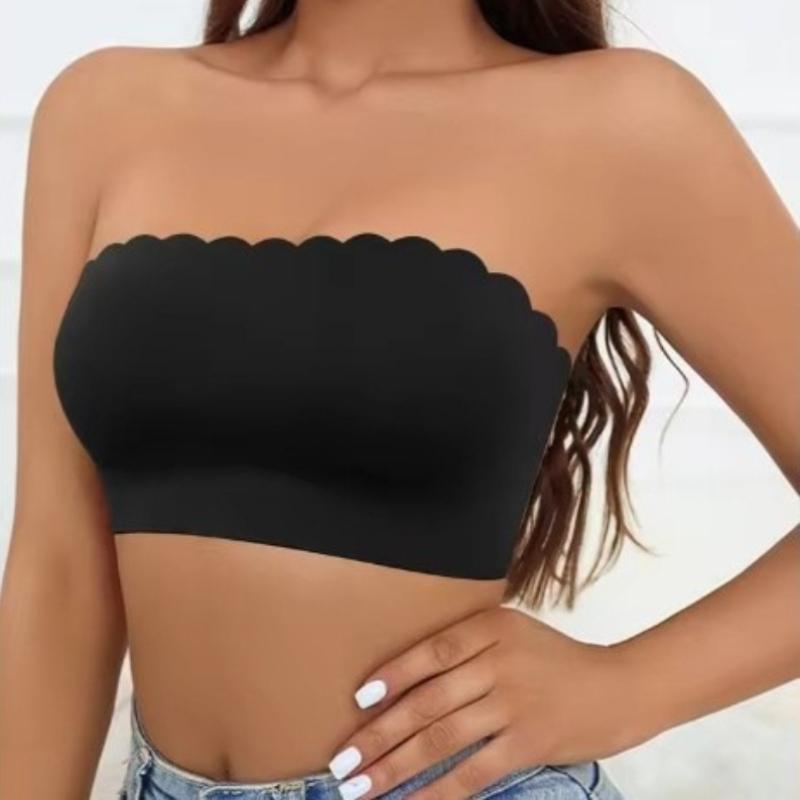 Women's Strapless Seamless Bandeau Bra Elastic Ruffle Edged Wireless Unpadded Bra Smooth Backless Invisible Bra for Daily Wear Casual & Wedding