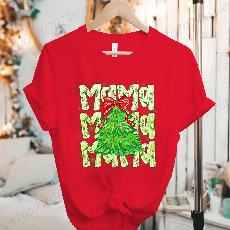 Women Fashion T Shirt Christmas Mama Print Funny Tops Womens Casual TShirt Christmas Holiday Xmas Party Tee Aesthetic Clothes