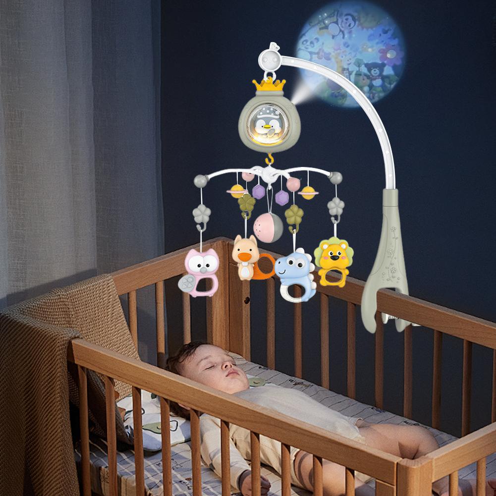 Baby Crib Mobile Multifunctional Projector Musical Rotating Bed Bell Toy for Newborns Soothing Grey