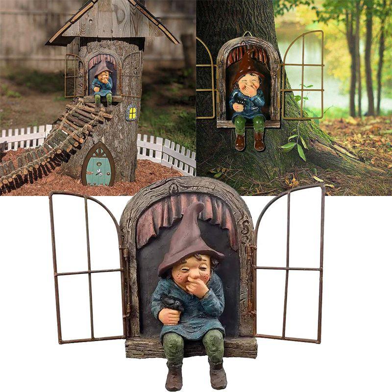 Lifelike Elf Out The Door Naughty Gnome Garden Sculpture Tree Hugger Outdoor Yard Ornament