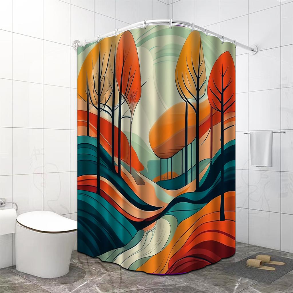 Elegant Polyester Shower Curtain - Vibrant Abstract Tree Design,Rich Palette Of Orange, Red, Green & Blue, All-Season Bath Decor