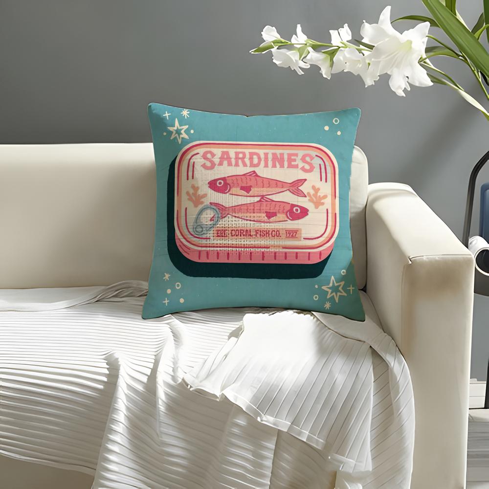 Cute Coastal Charm SardineS Pillow Case Natural Linen Organic Fabric Double-Sided Printing Sofa Home Decor Cushion Cover