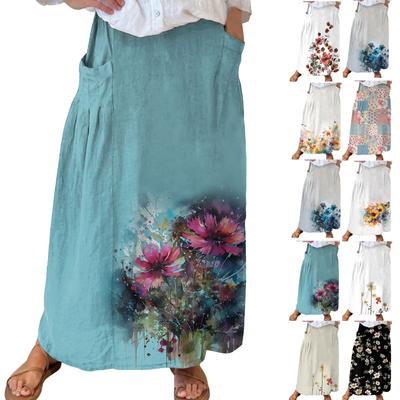 Women  Casual Loose Boho Elastic Waist A-Line Beach Flowy Swing Vacation Maxi Skirt With Pocket