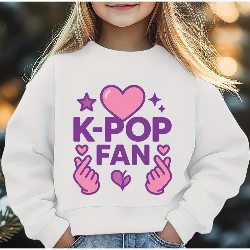 Kids K-POP Fan Graphic Crewneck Sweatshirt, Korean Pop Heart Sign Print Casual Autumn Winter Top
