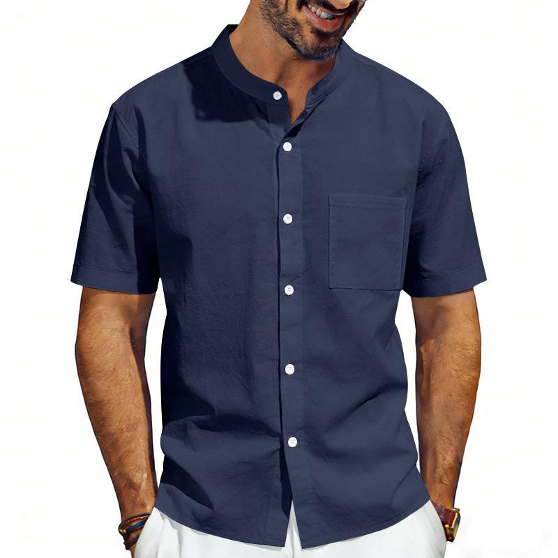 Herren Leinenmischung Hemd mit Mandarin-Kragen Kurzarm, Stehkragen Button-Down mit Brusttasche, Atmungsaktives Lässiges Sommer Oberteil mit Entspannter Passform für den Alltag