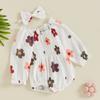 2-Piece Baby Girls Set Long Sleeve Floral Print Square Neck Smocked Ruffled Romper Bow Headband Adorable Outfits