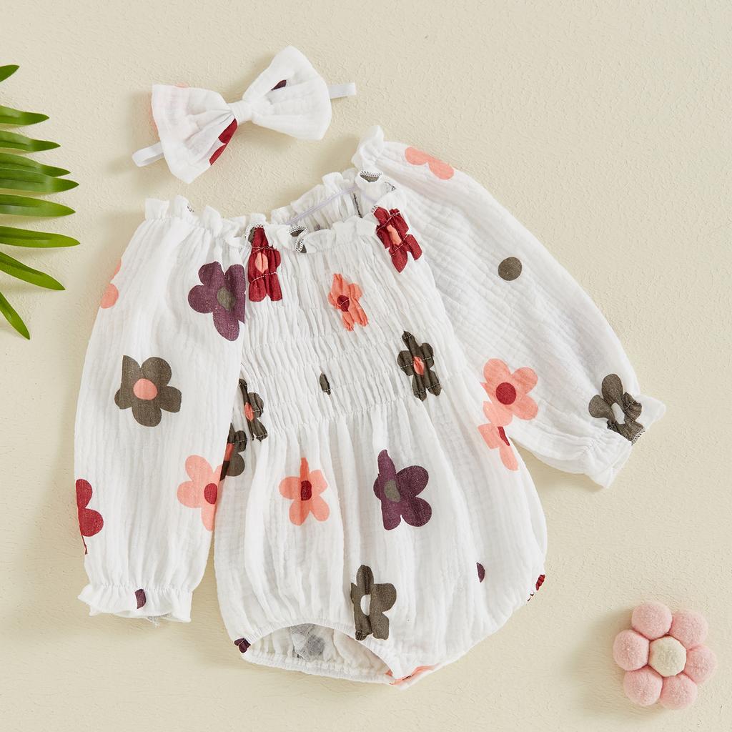 2-Piece Baby Girls Set Long Sleeve Floral Print Square Neck Smocked Ruffled Romper Bow Headband Adorable Outfits