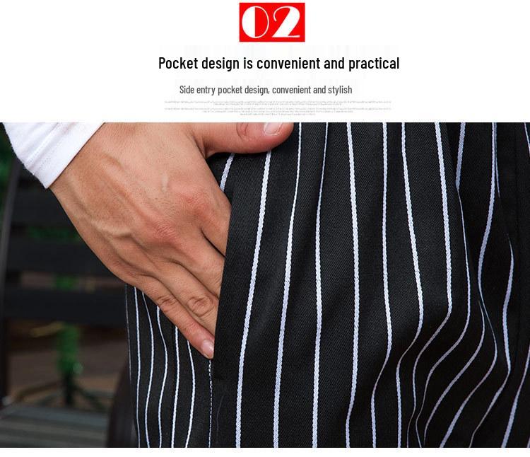 Men's Loose Straight-Leg Cotton Work Pants - Striped Kitchen Waiter Trousers