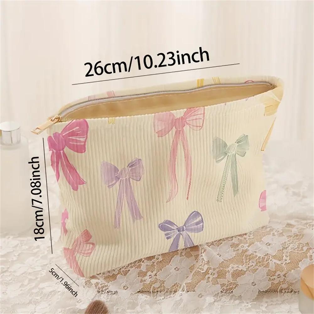 Bow Pattern Printed Cosmetic Bag Corduroy Zipper Makeup Brushes Organizer Multifunctional Cosmetic Storage Bag for Women Girls