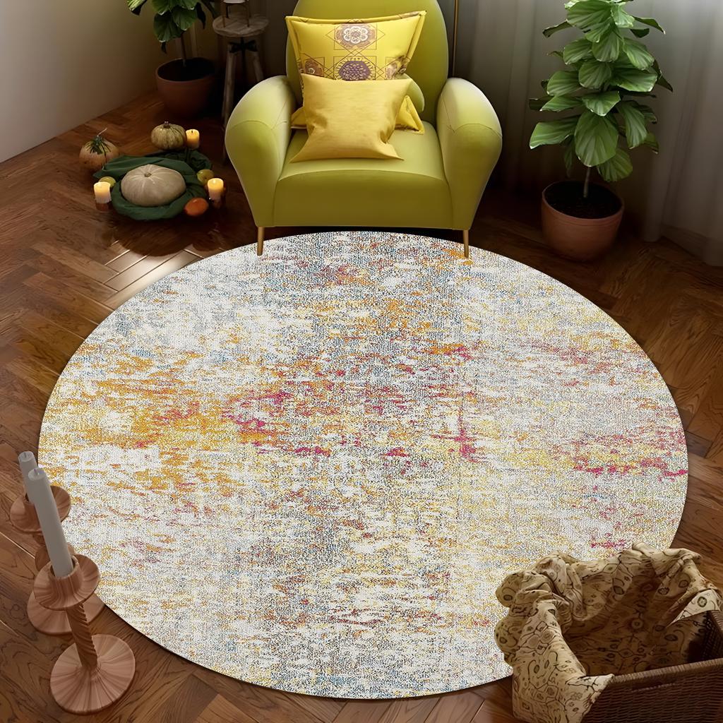 Runder Vintage-Teppich mit Used-Look, Graue Basis mit gedämpften Gelb-/Rot-/Blau-Akzenten, Boho-Chic-Teppich für das Wohnzimmer, Dekor mit gealterter Textur