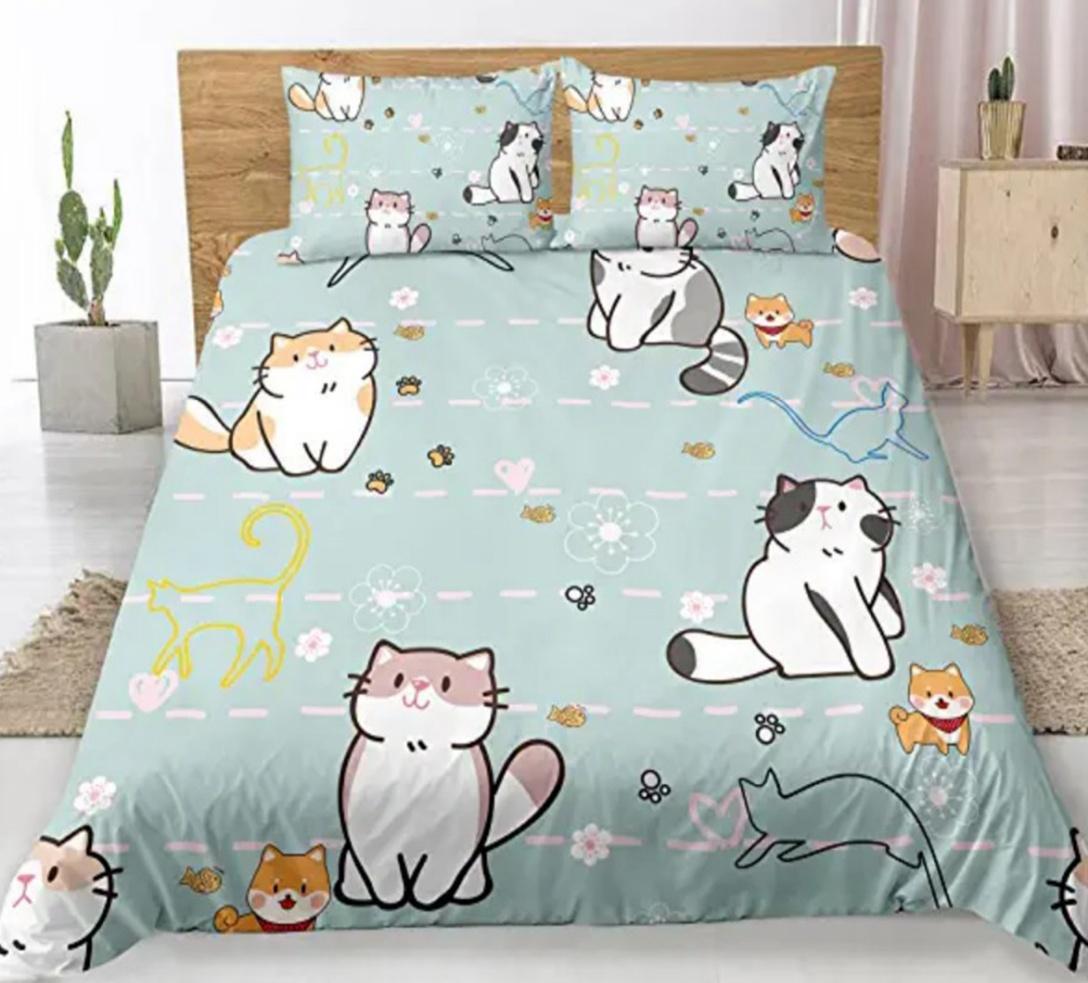 

Carton Cat Soft Duvet Cover Set Quen King-Sized Dimensionsd Dimensions Lovely Pet Print Beding Suitable for Young Boys plus Young Girls Rom Decoration 120*200cm Single