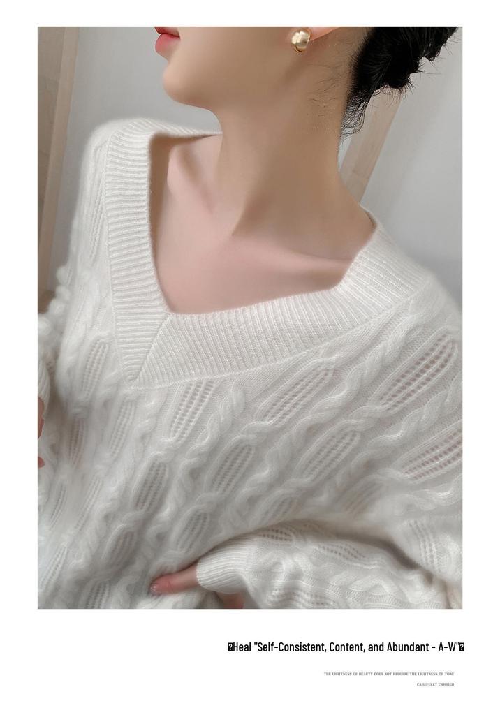 Women's V-neck Wool Twist Sweater - Thick, Loose, Long Sleeve Knit for Autumn/Winter