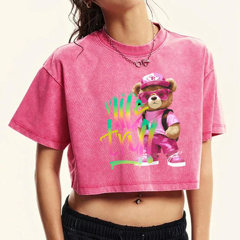 Colorful Pink Cartoon Bear Print Washed Tee Shirt Female Retro Comfortable T-Shirts Cotton Casual Clothes Slim