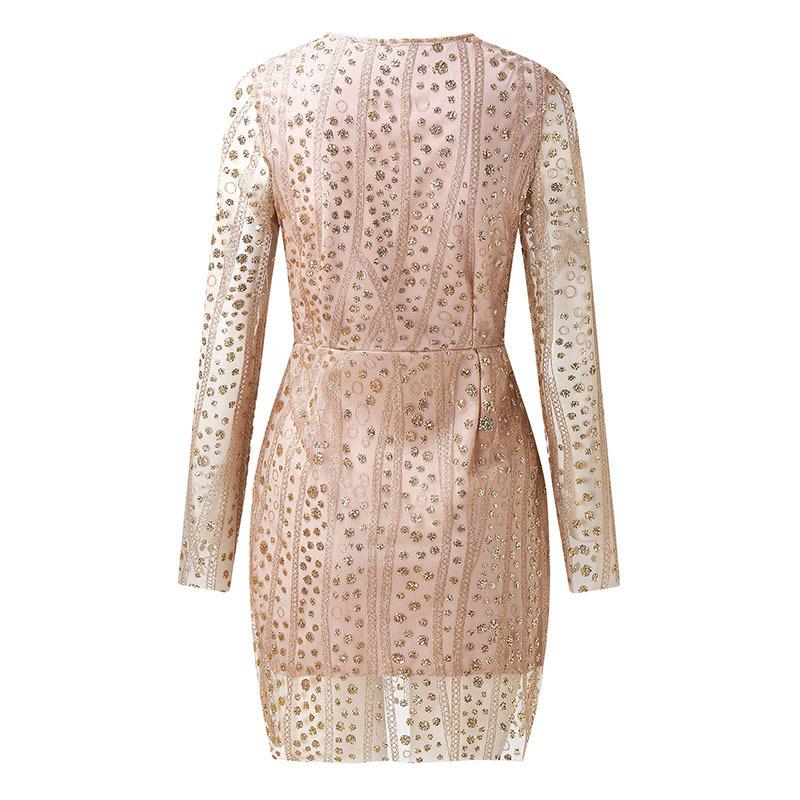 Women's Deep V-Neck Long Sleeve Sequin Dress - Elegant Sparkly Mini Cocktail Party Dress