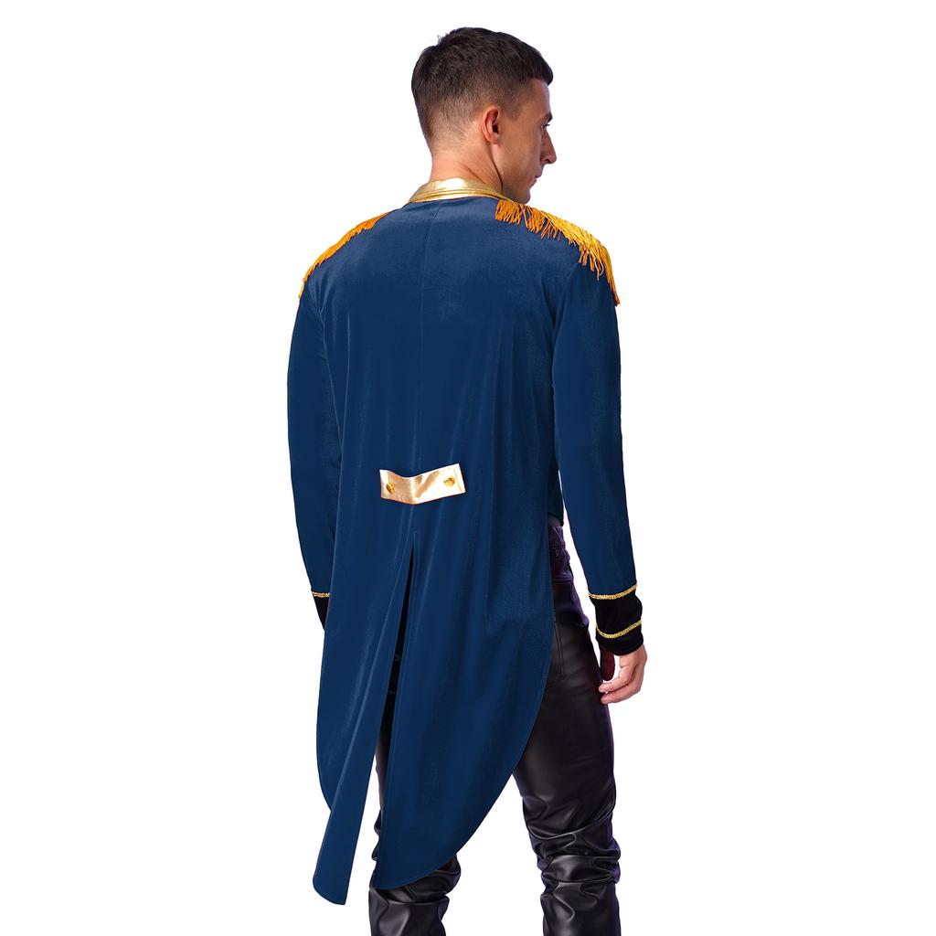 Mens Circus Ringmaster Costume Long Sleeve Metallic Lapel Showman Jacket Halloween Theme Party Tailcoat