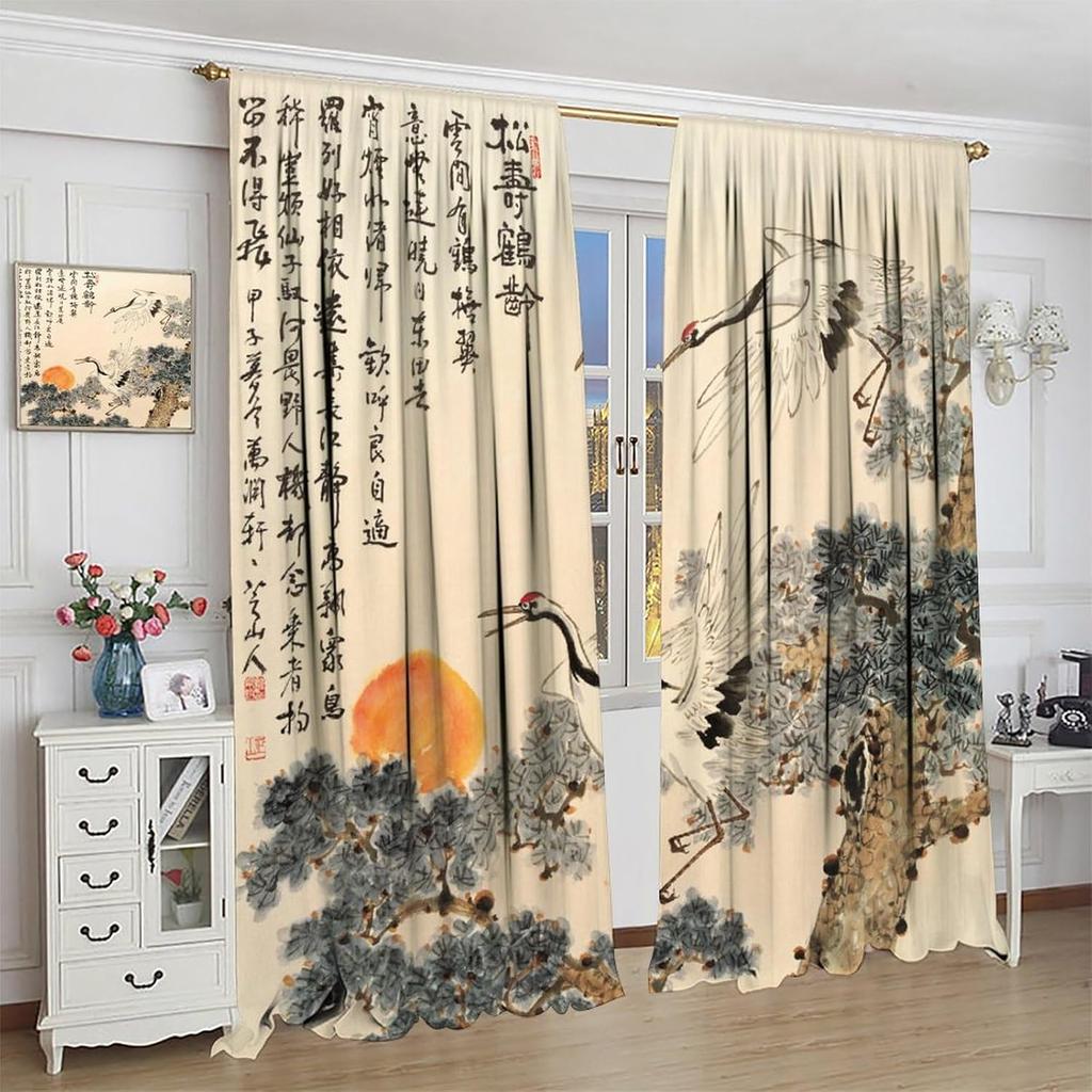 Asian Curtains   Vintage Japanese Ink and Landscape Crane Traditional Cherry Blossom Flower Sun Window Treatments Drapes for Girl