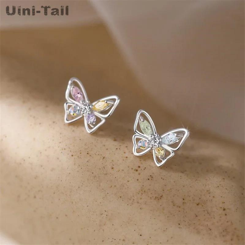 Uini-Tail Хит продаж Новые серьги-бабочки из стерлингового серебра Цветные Модный тренд Простая роскошь и Маленький дизайн Серьги