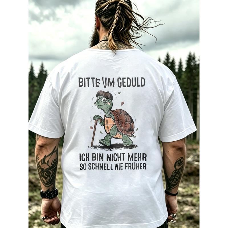 Men'S T-Shirt Black Turtle With Stick And German Text For Casual Wear, PLUS SIZE
