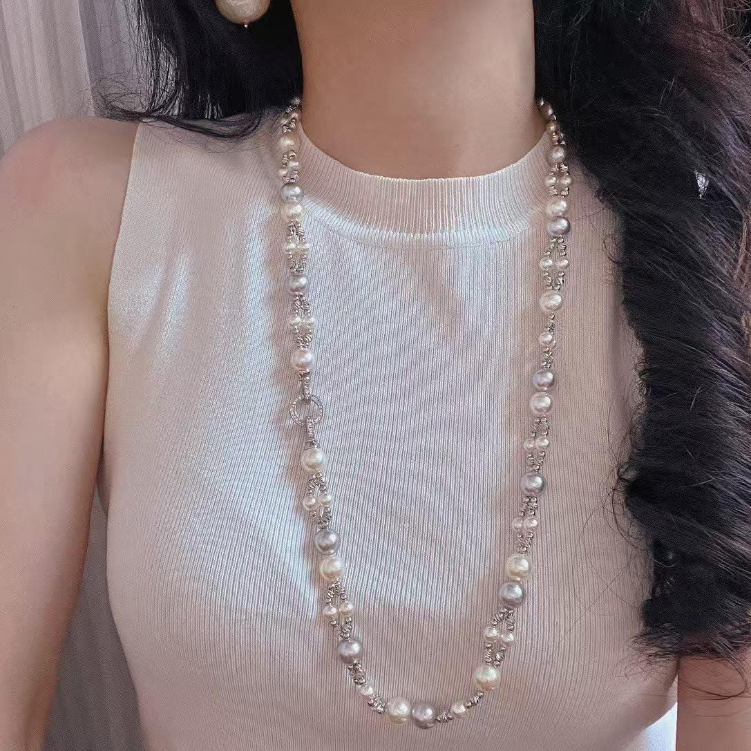 Vintage Maillard Highlight High Quality Faux Pearl Double Cross Collarbone Chain Sweater Chain Necklace Autumn
