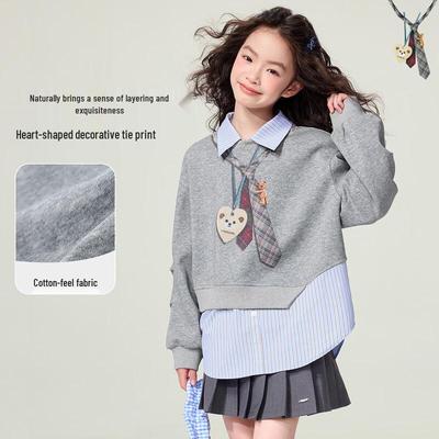 Girls' Fake Two-Piece Collared Sweatshirt