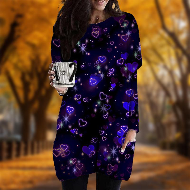 

Новинка осени Неоновый принт Love Plus Size Dress Женские повседневные платья с круглым вырезом и длинными рукавами с карманами 4XL синий