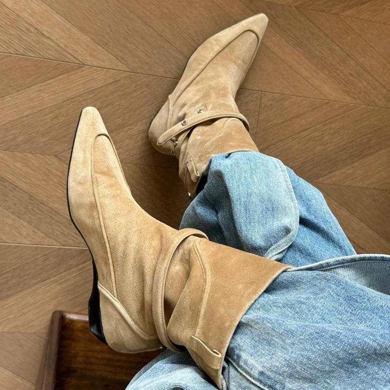 Fashion 2025 Winter New Suede Ankle Boots Women Fashion Retro Pointed Toe Belt Buckle Design Wedge Cowboy Boots Botines Para Mujeres