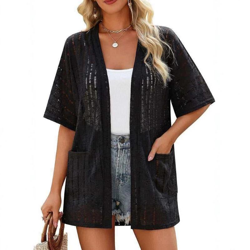 Women Casual Loose Short Sleeve Open Front Pocket Cardigan Sun Protection Outerwear