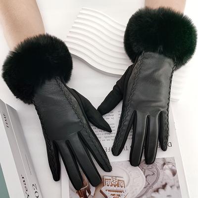 Gants en cuir PU à manchettes en peluche, élégants, monochromes, pour écran tactile, pour l'automne et l'hiver, résistants au froid, chauds et coupe-vent